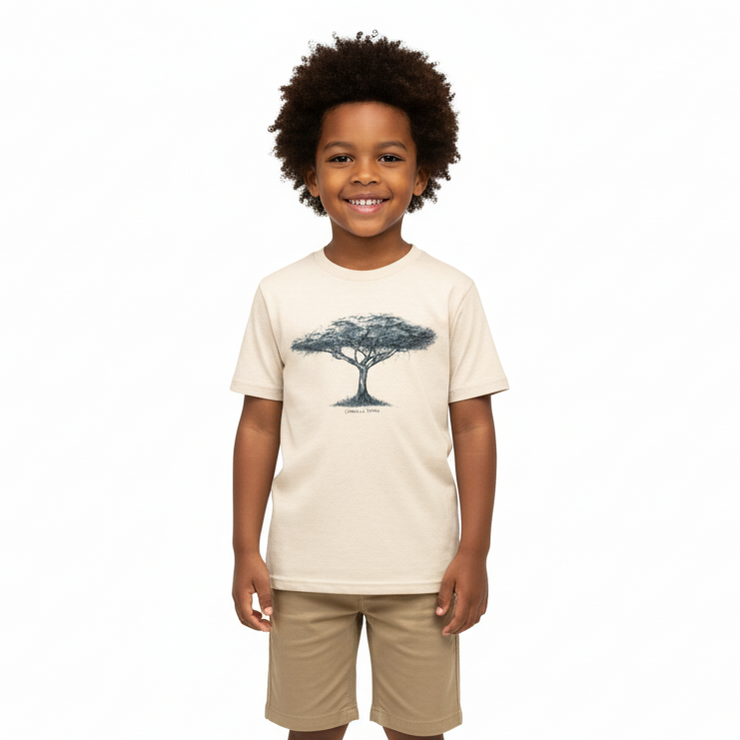 kid wearing shirt with tree on it