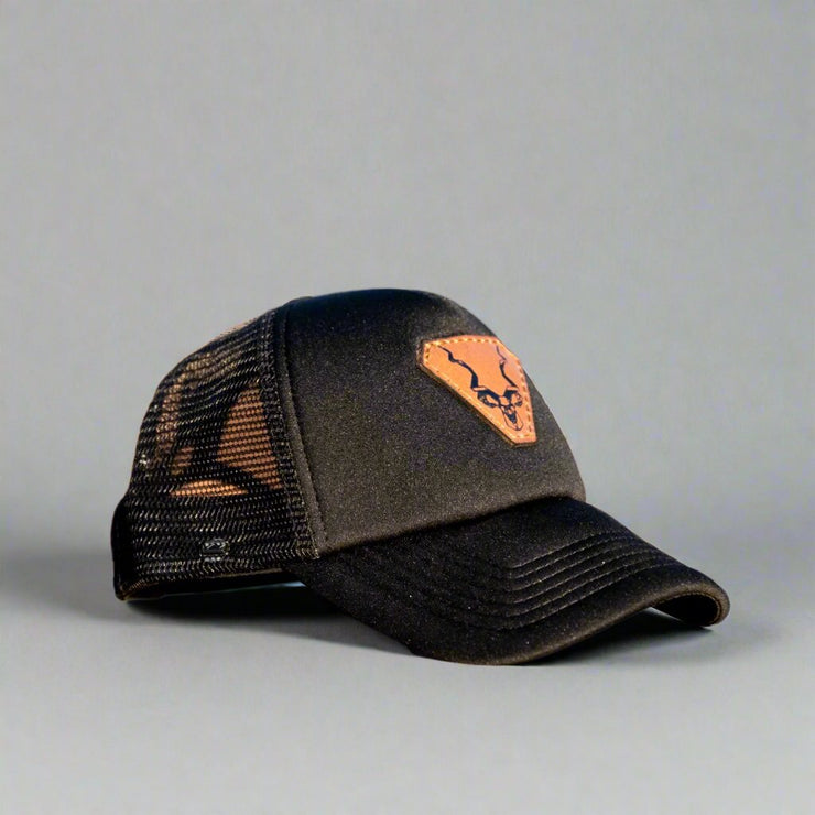 Kids Black Trucker Cap With Leather Branding